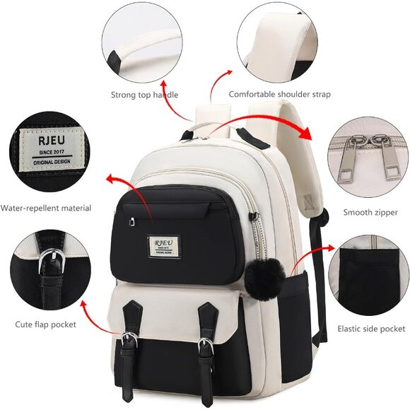 Girls Black Beige 15.6in Laptop Kids Backpack For Middle School College Students - Picture 3 of 7